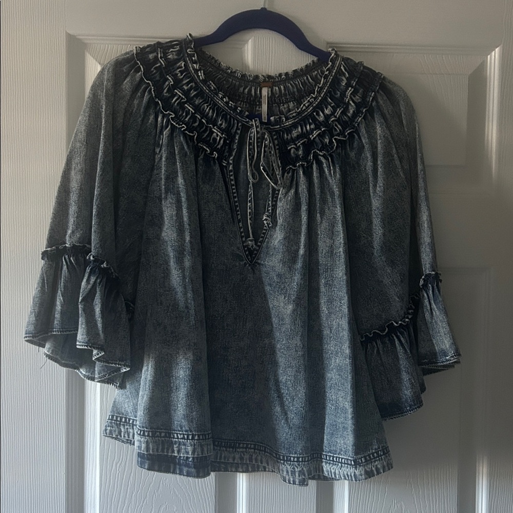 Free People Denim Ruffled Top